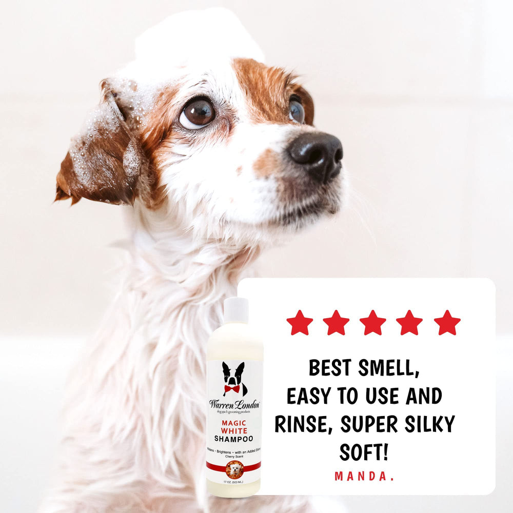 Warren London Magic White Shampoo adds a glossy finish to lighter coats.