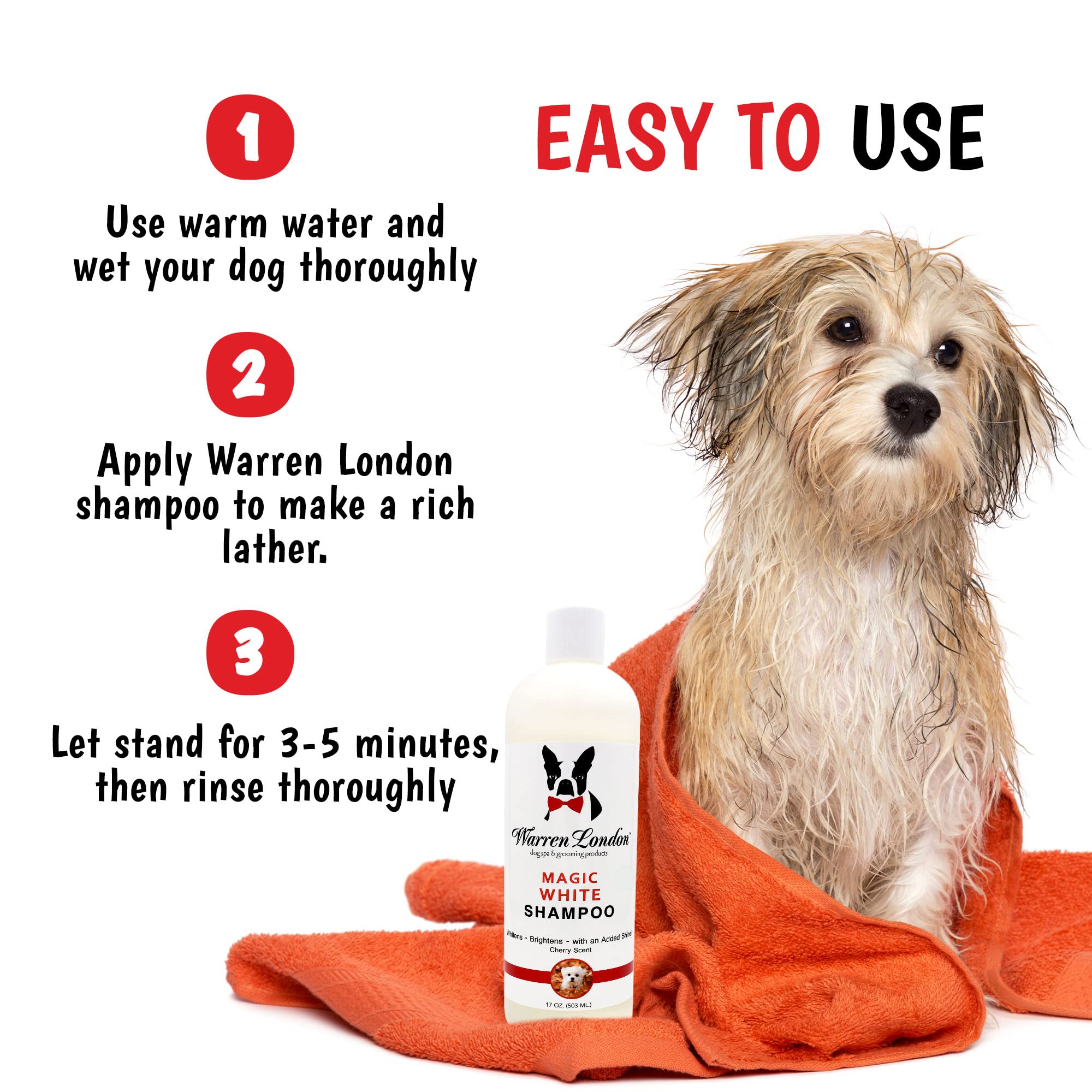 Warren London Magic White Shampoo tear-stain-removal action during a gentle bath.