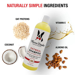 Warren London Oatmeal Dog Shampoo ingredients display highlights coconut and vitamins for healthy skin and coat.