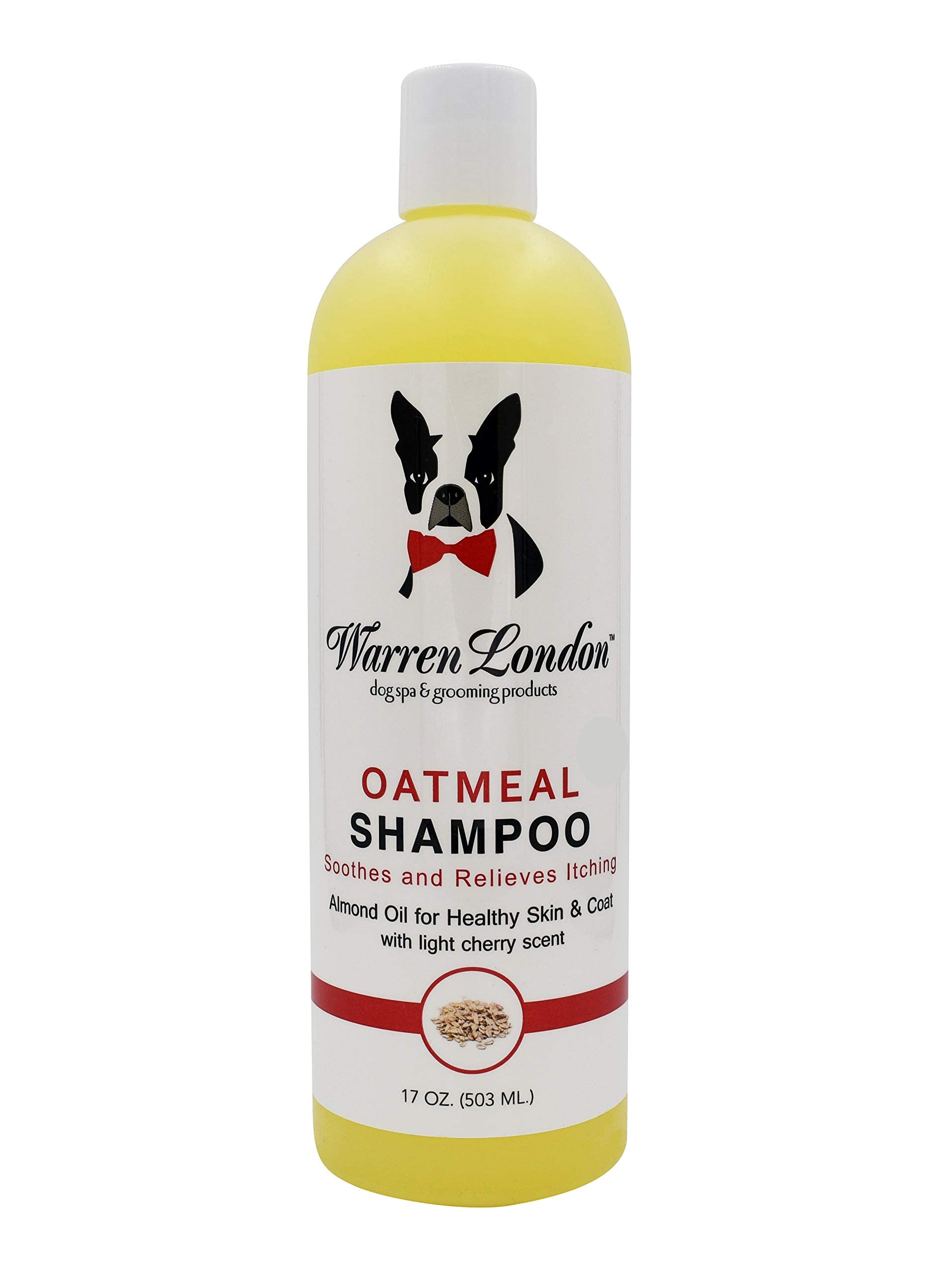Warren London Oatmeal Dog Shampoo label bottle for sensitive skin soothing properties.