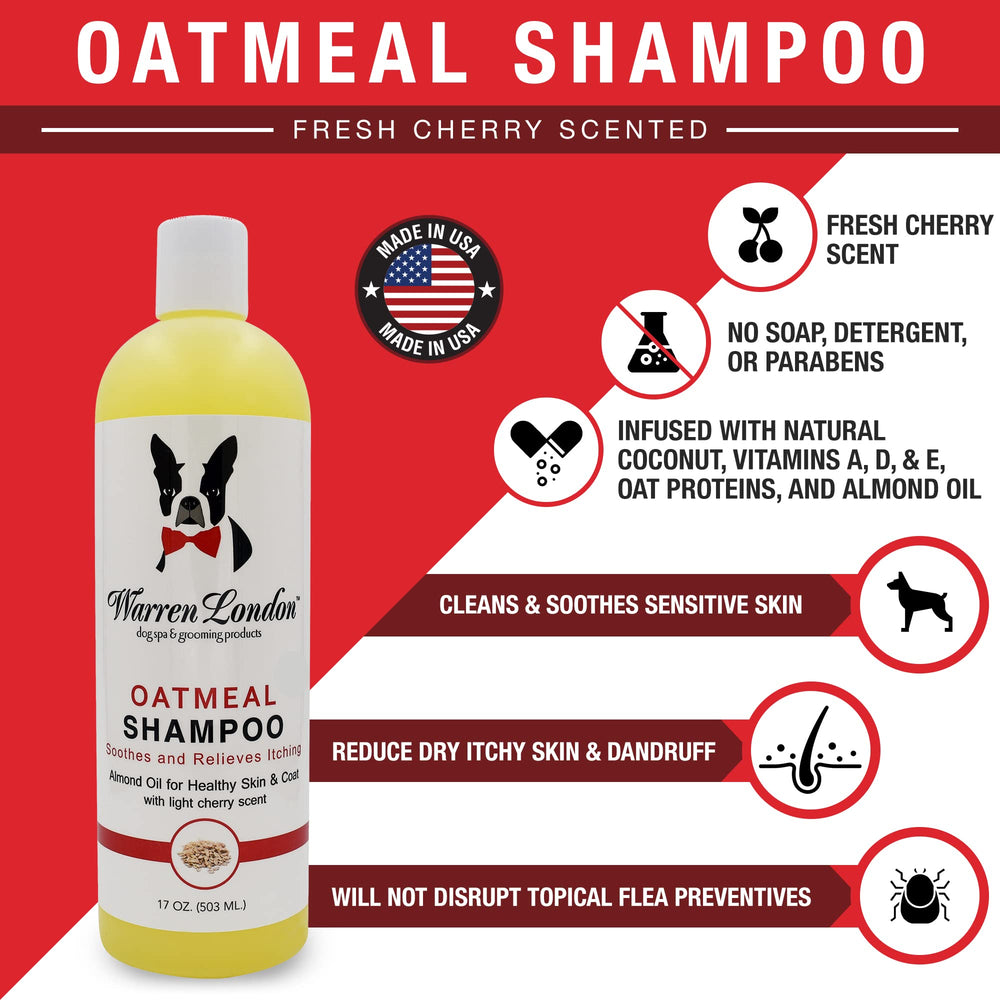 Warren London Oatmeal Dog Shampoo pour bottle demonstrates easy application for a smooth coat.