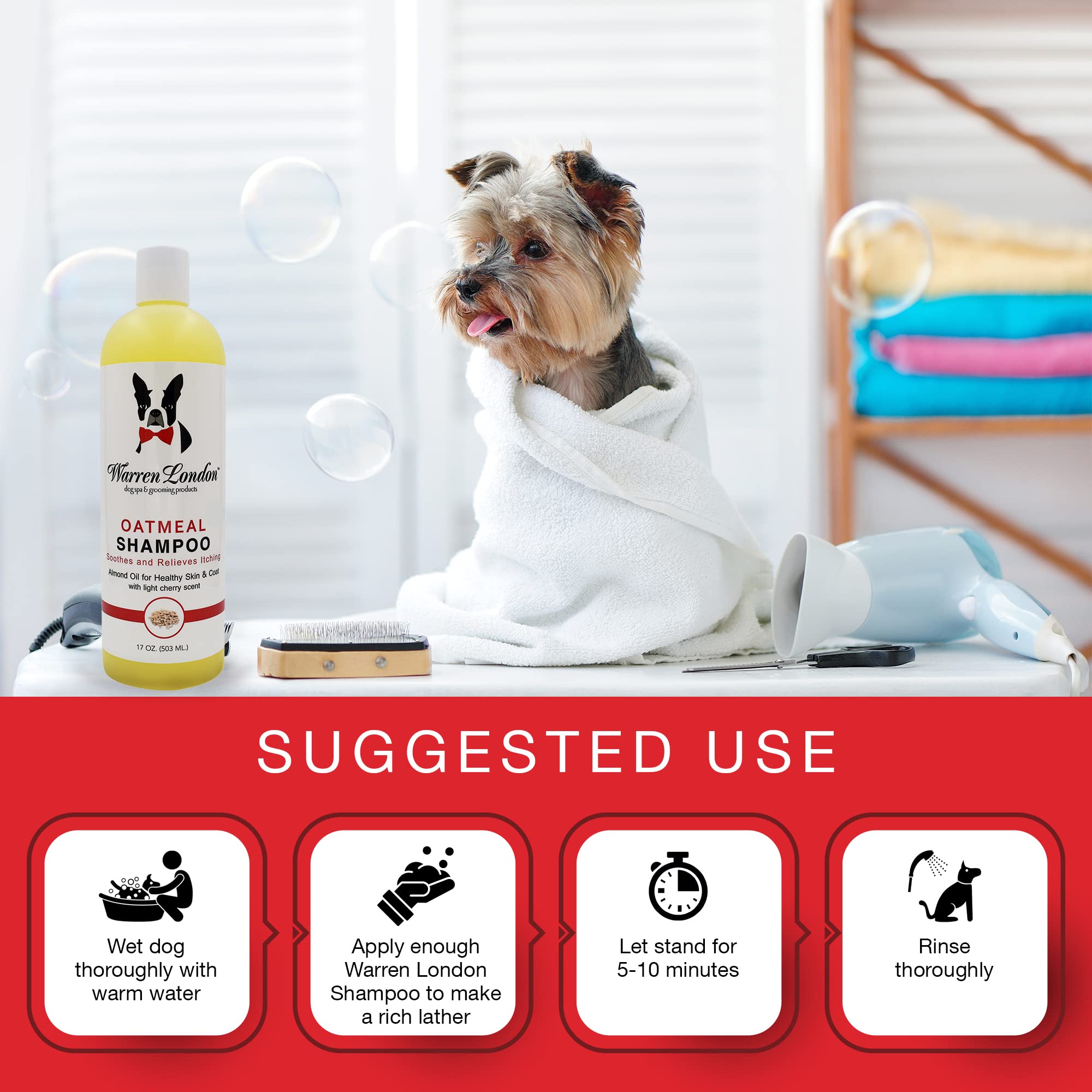 Warren London Oatmeal Dog Shampoo foaming-lather close-up emphasizes rich lather for grooming.