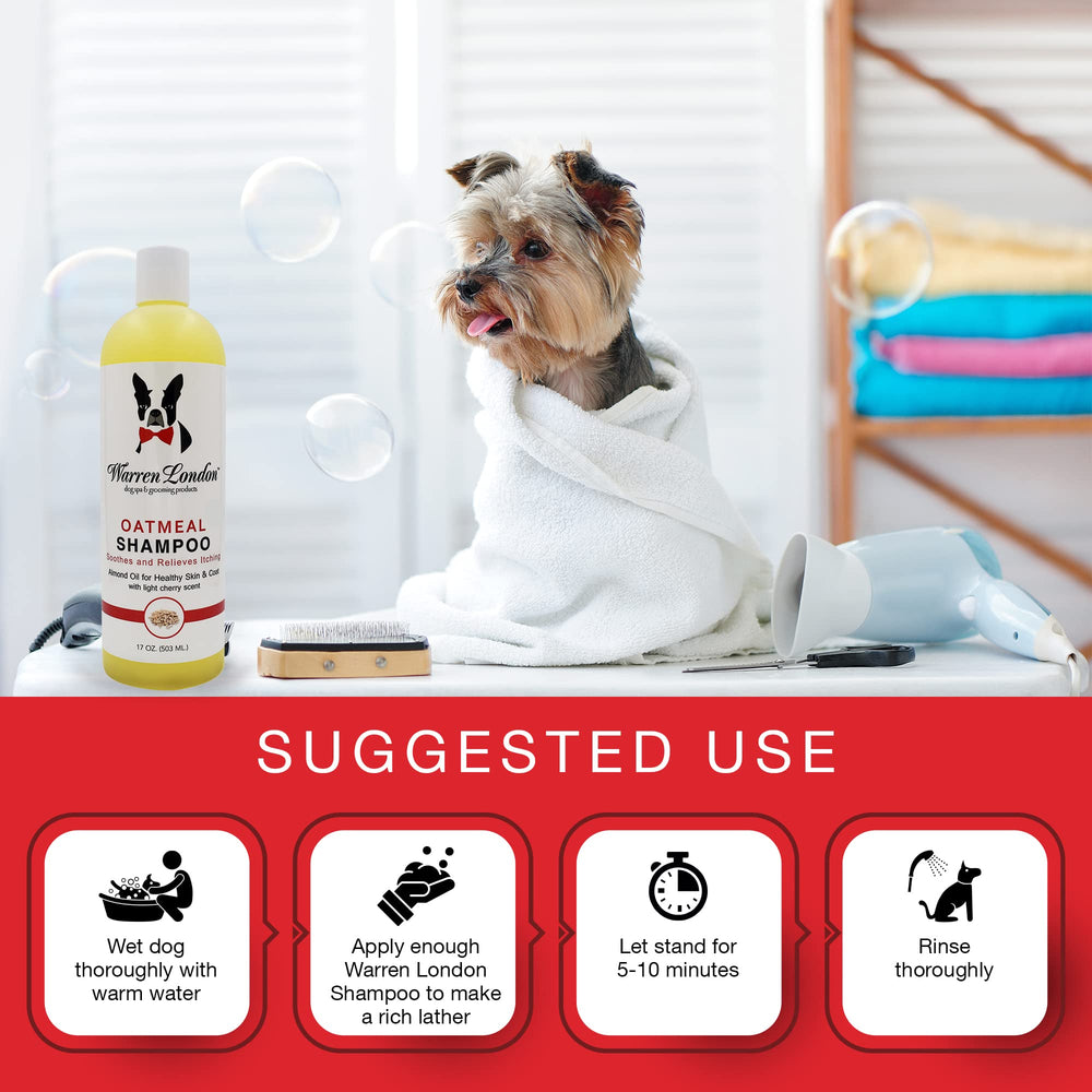 Warren London Oatmeal Dog Shampoo foaming-lather close-up emphasizes rich lather for grooming.