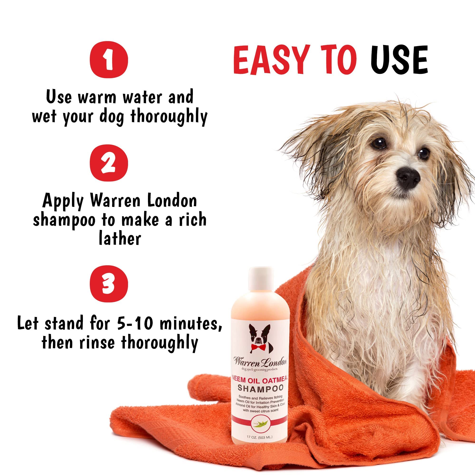 Warren London oatmeal particles visible for gentle coat conditioning.
