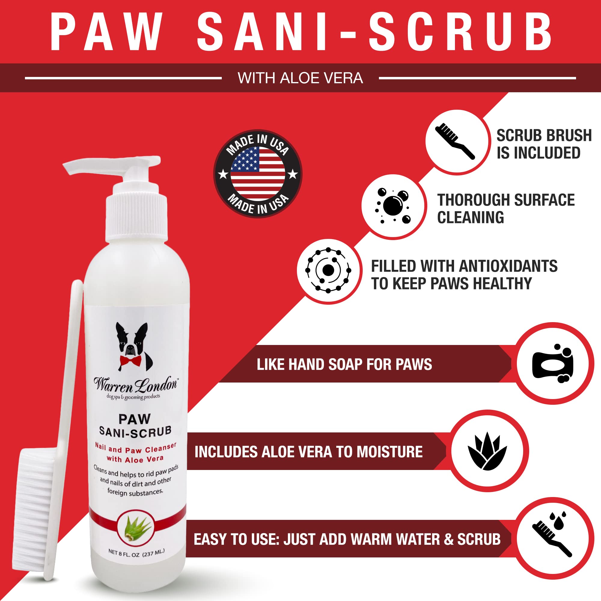 Warren London Paw Scrub brush included for gentle paw cleaning.
