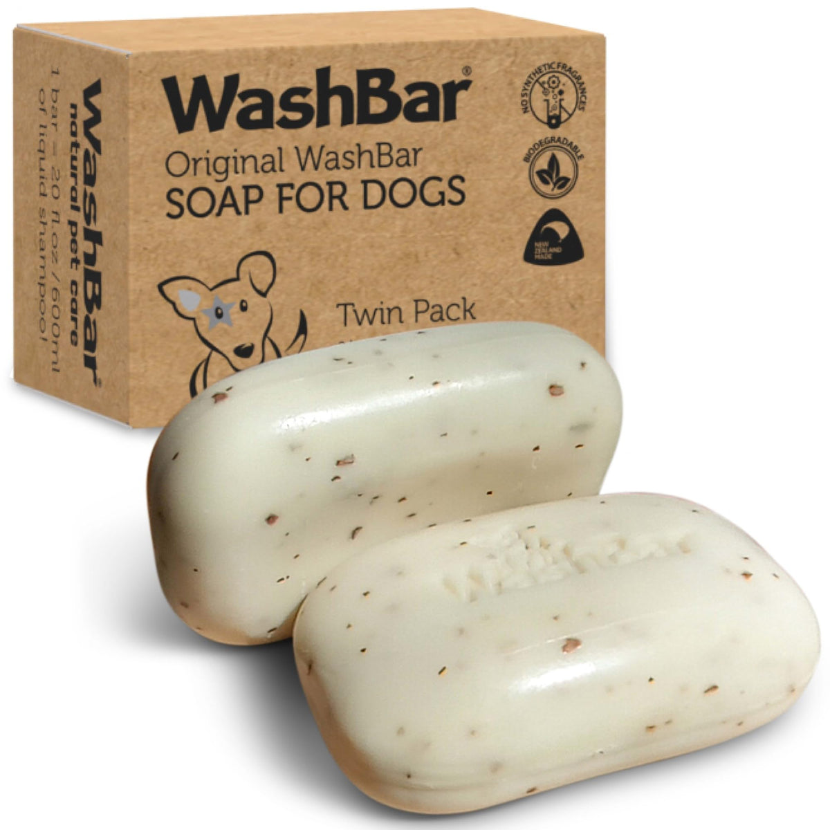 WashBar natural dog shampoo bar twin pack for sensitive skin and gentle cleansing.