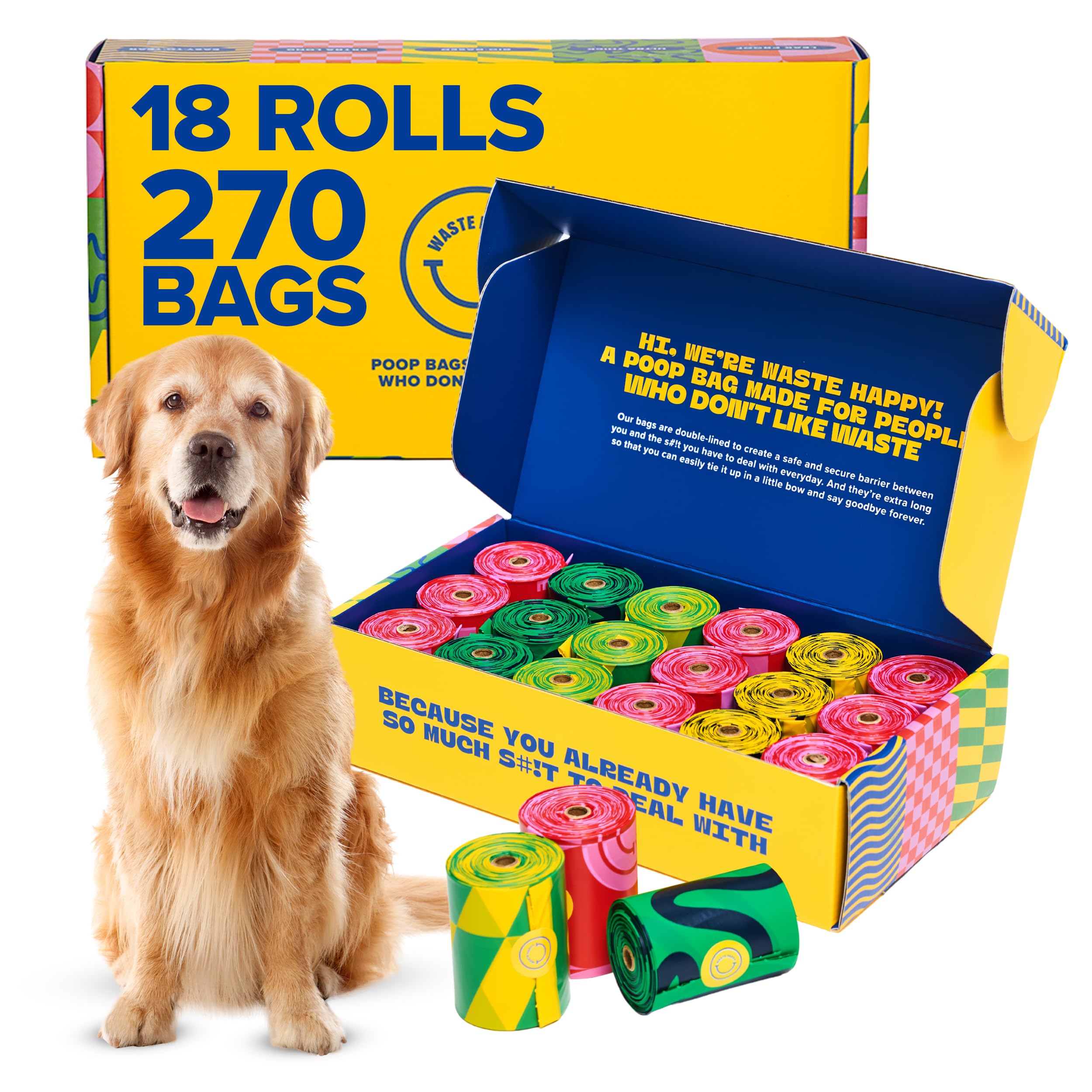 Waste Happy 14-inch dog poop bags roll for easier, cleaner pickups.