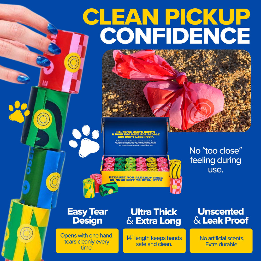 Waste Happy easy-open perforated rolls enable quick bag access during walks.