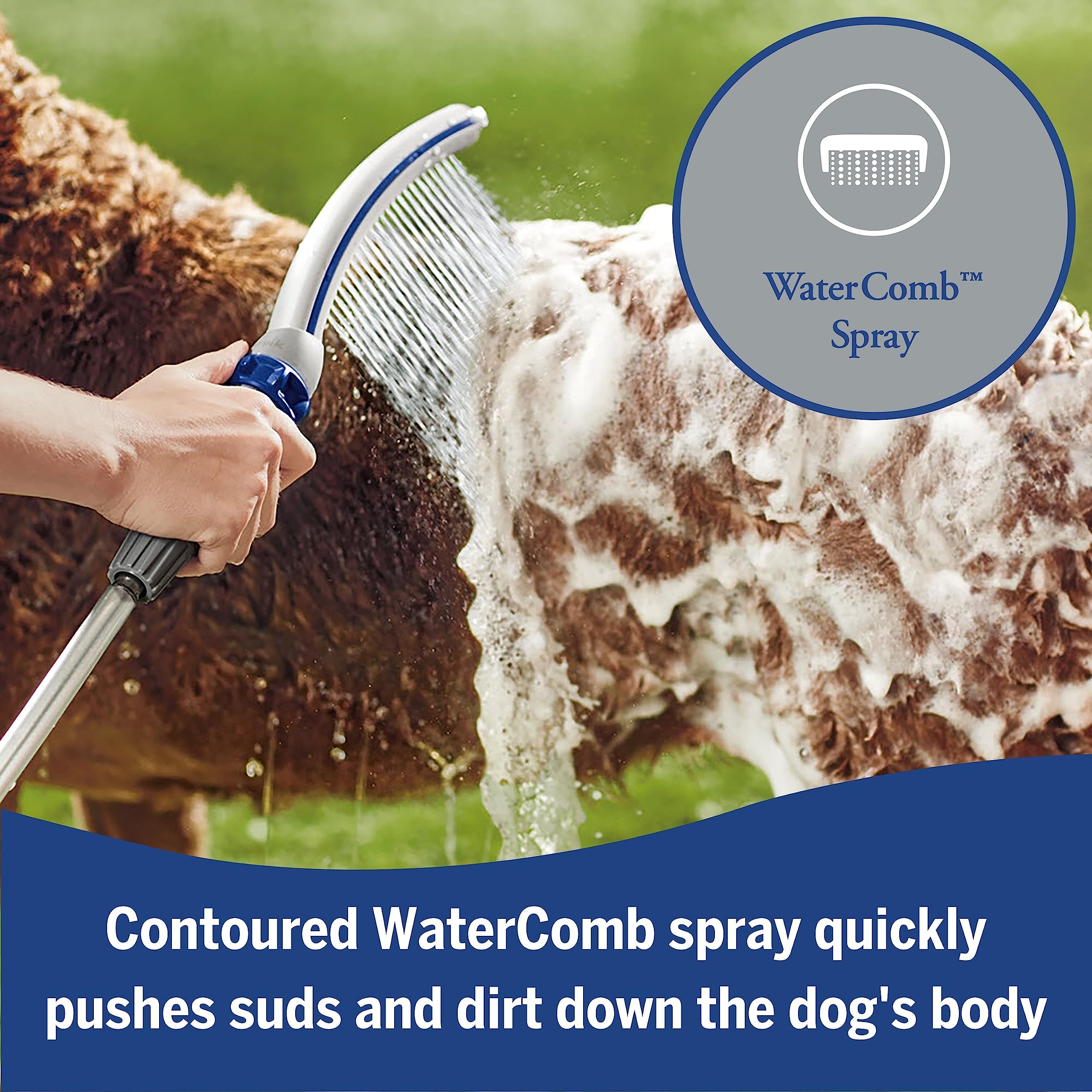 Waterpik Pet Wand Pro watercomb spray enables thorough rinsing through thick fur