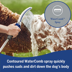 Waterpik Pet Wand Pro watercomb spray enables thorough rinsing through thick fur