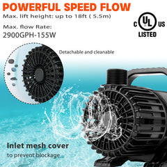 WaterRebirth 2900GPH pump powering a fountain with smooth waterfall effect