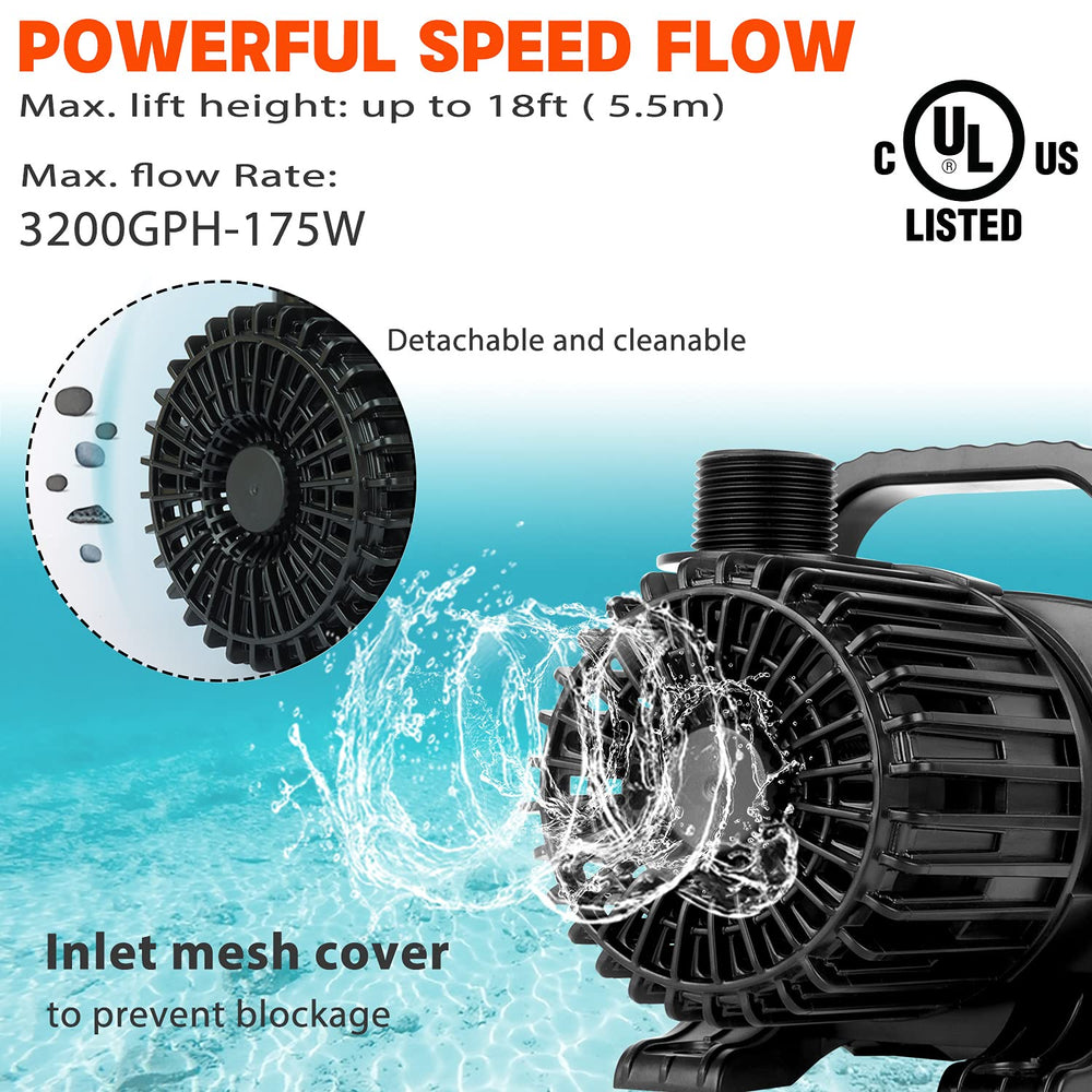 WaterRebirth 3200GPH pump side view, compact and adaptable.