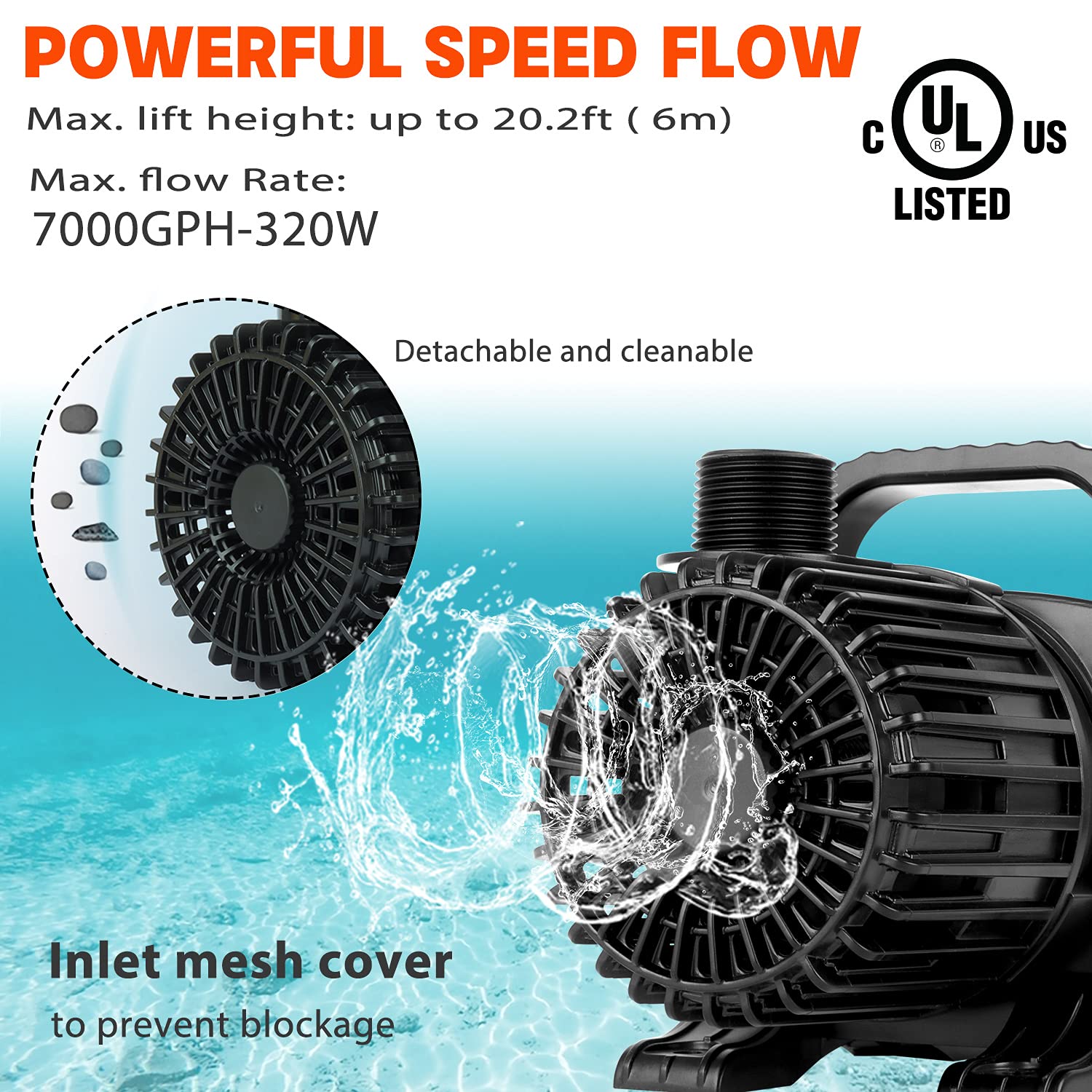 WaterRebirth 7000GPH pump submerged operation enables versatile use in ponds and aquariums.