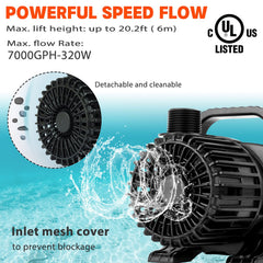 WaterRebirth 7000GPH pump submerged operation enables versatile use in ponds and aquariums.