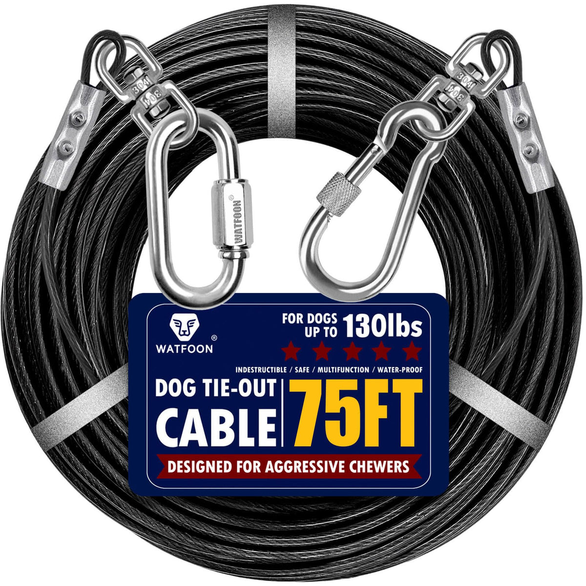 Watfoon 75ft dog tie out cable enabling spacious outdoor play and safety.