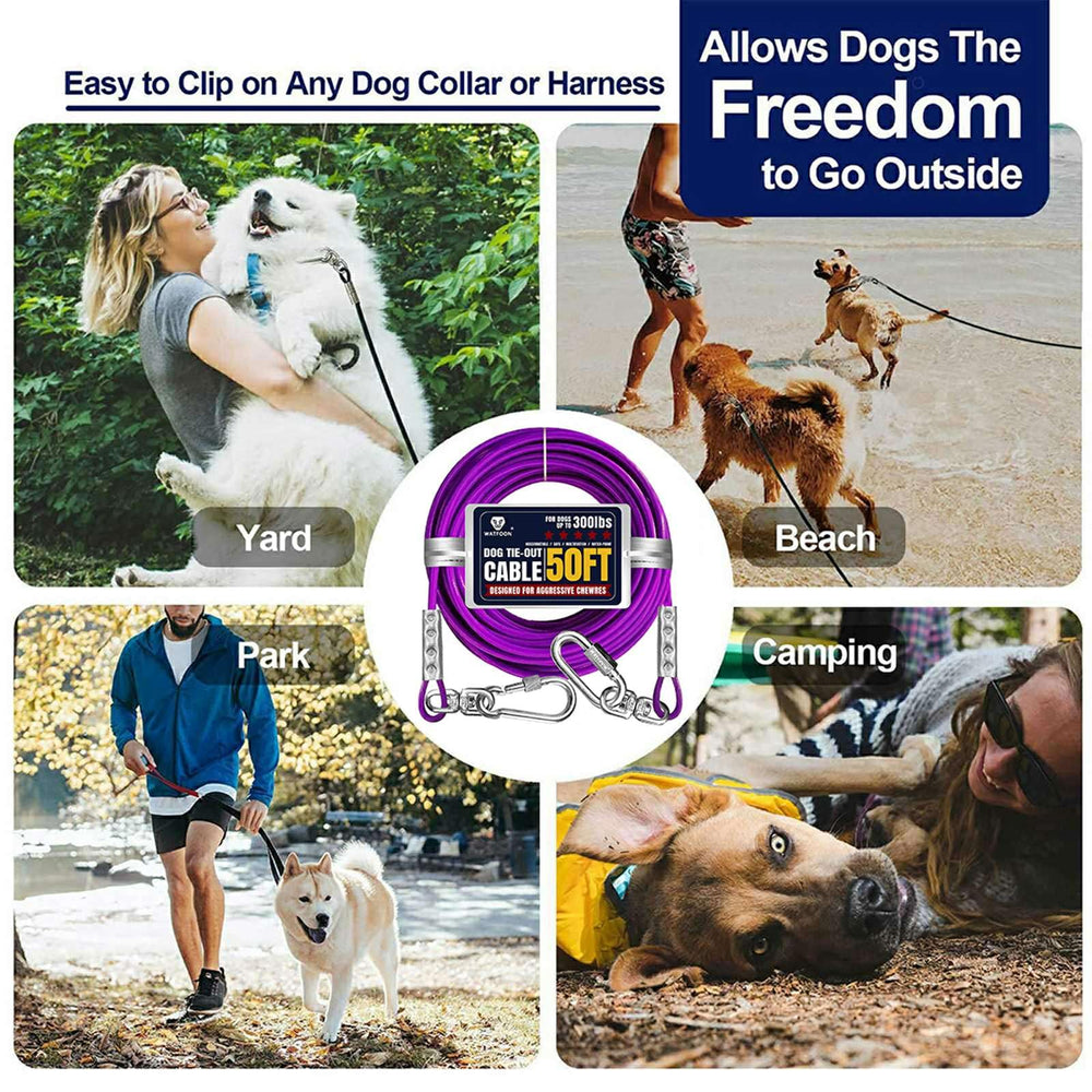 WATFOON purple variant dog tie out cable for visibility and style