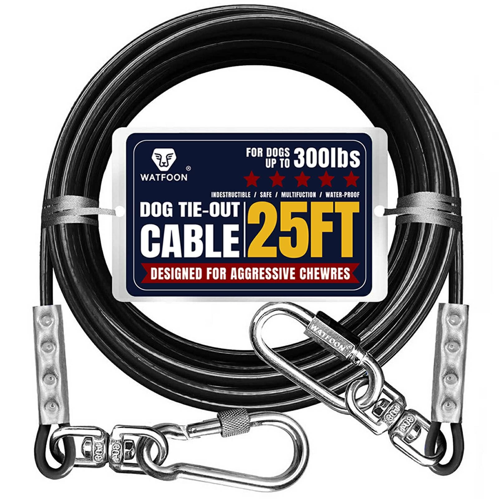 WATFOON tie-out cable 25ft black for safe outdoor mobility with large dogs.