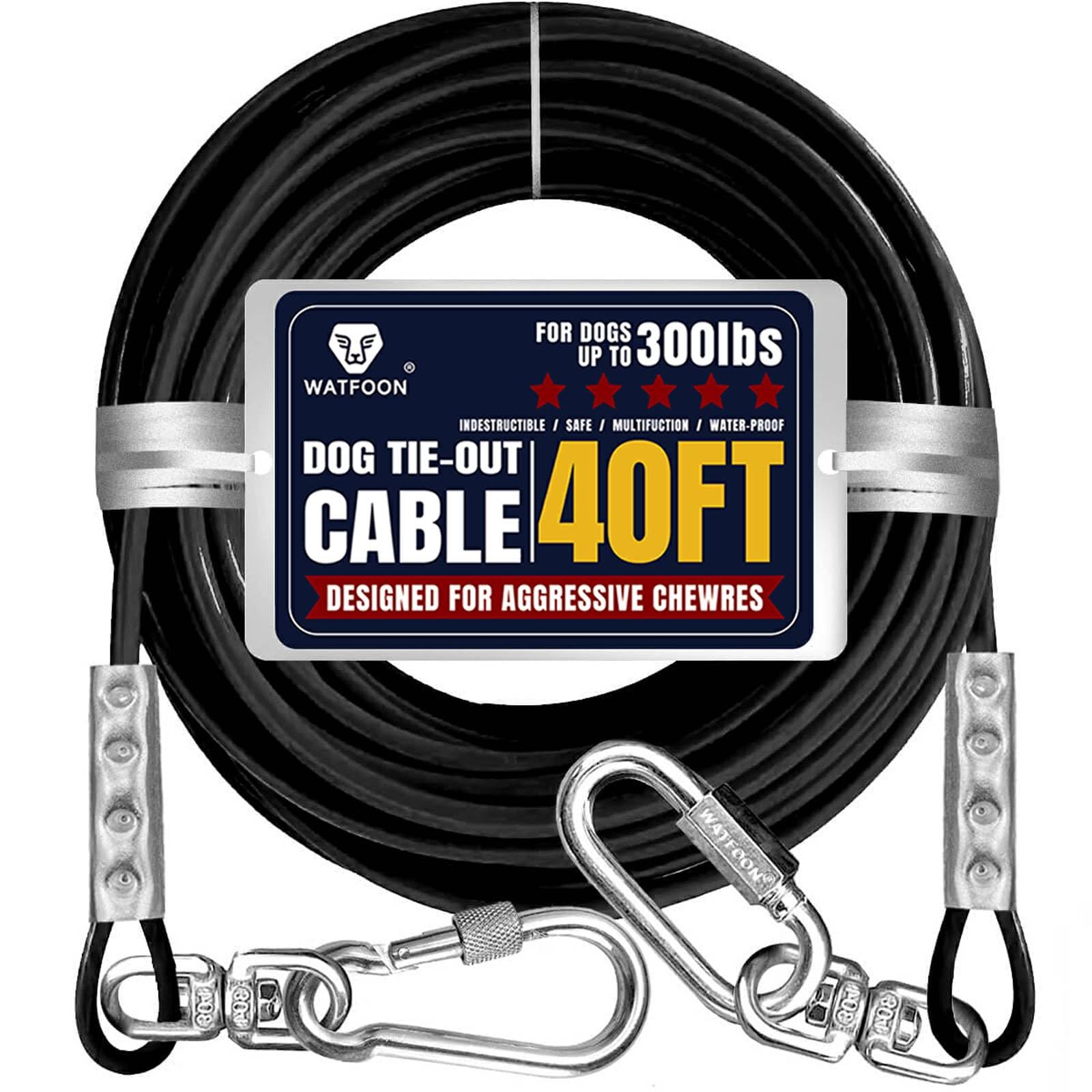 WATFOON tie-out cable 40ft for dogs up to 300lbs, enabling safe outdoor exploration.