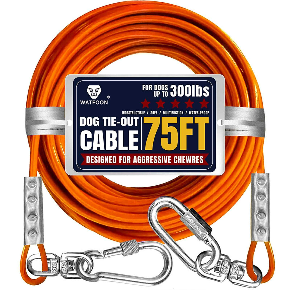 WATFOON tie-out cable 75ft length enables safe, roomy outdoor dog runs.