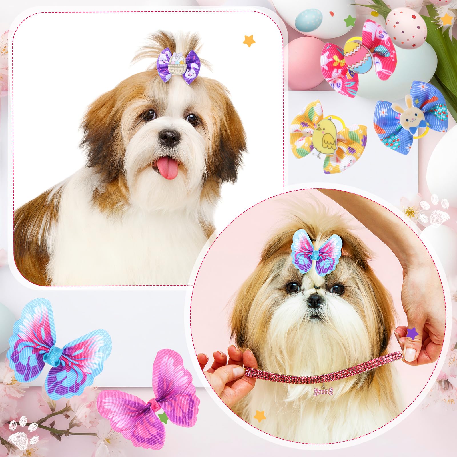 Wavwavw egg and bunny design bows add charm to holiday grooming sessions.