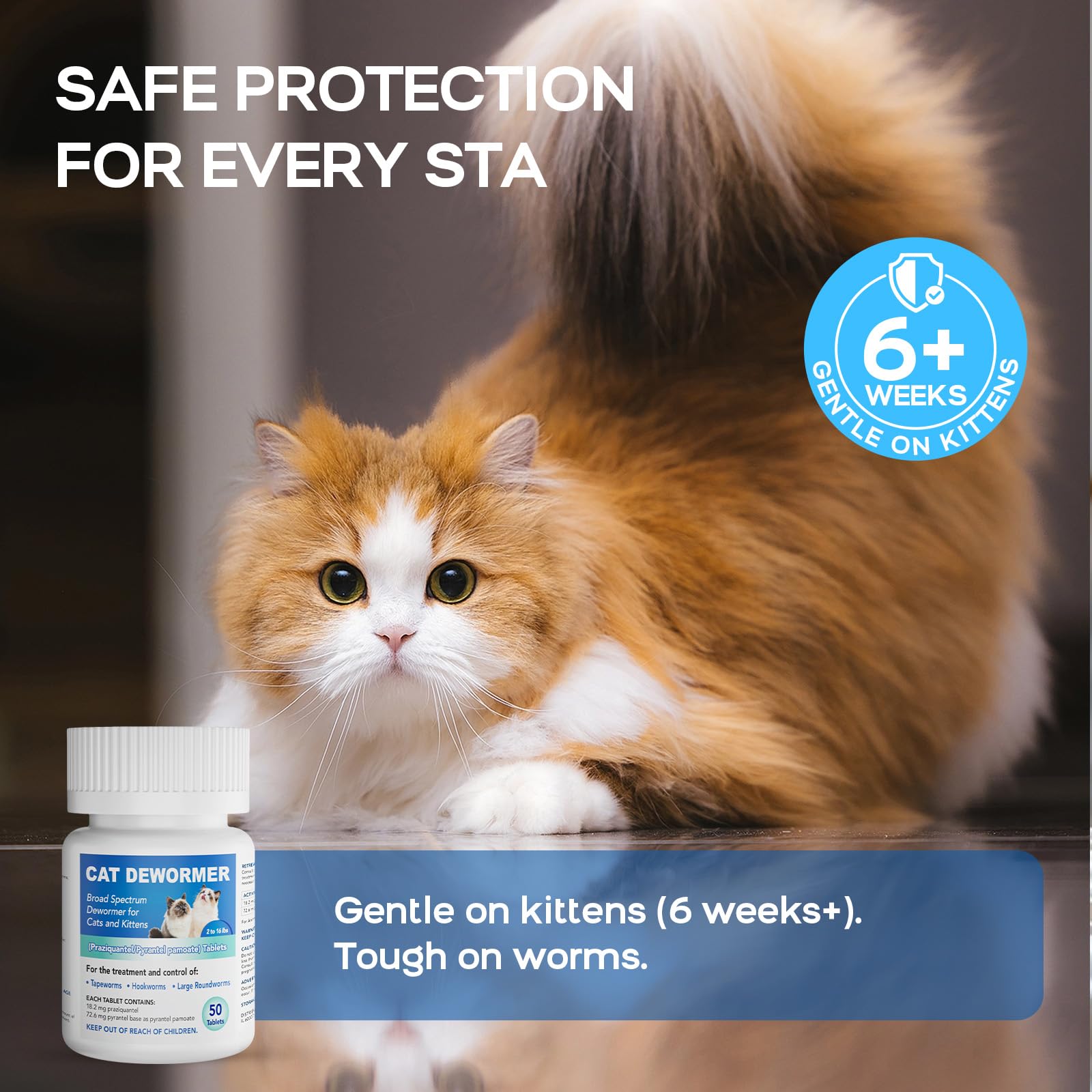 Wdelya dewormer on a table beside a calm, healthy-looking cat.