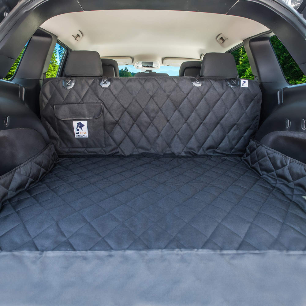 WE LOVE ANIMALS dog car seat cover for back seat keeps pets secure and the interior clean.