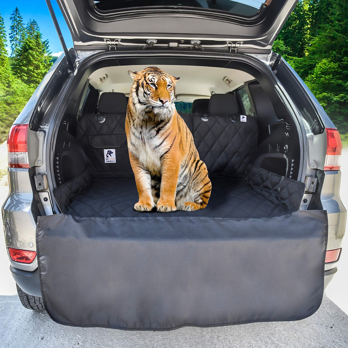 WE LOVE ANIMALS SUV cargo liner for dogs offers full back coverage and mess protection.
