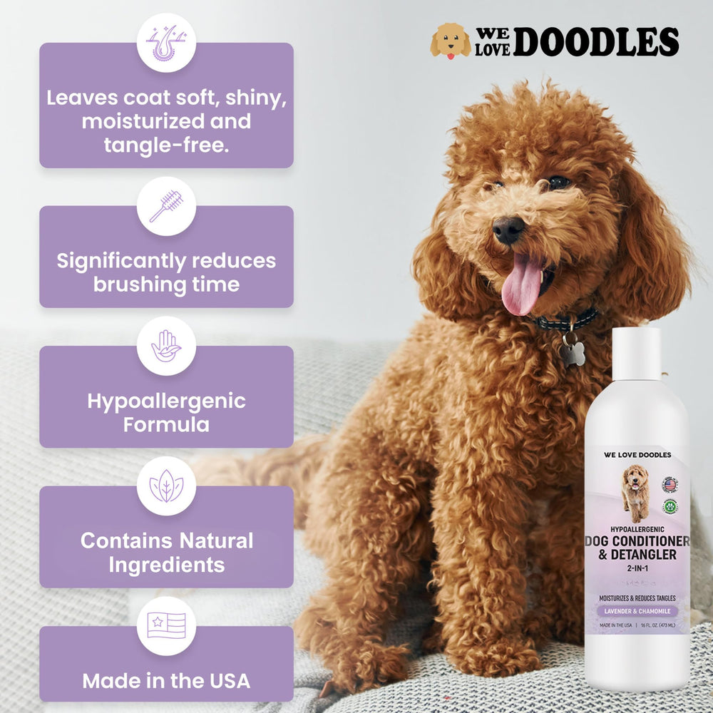 We Love Doodles 16oz bottle on display in a grooming setup.