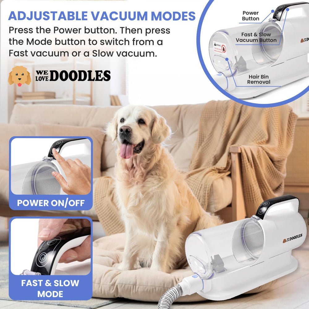 We Love Doodles adjustable vacuum modes tailor suction for different coats.