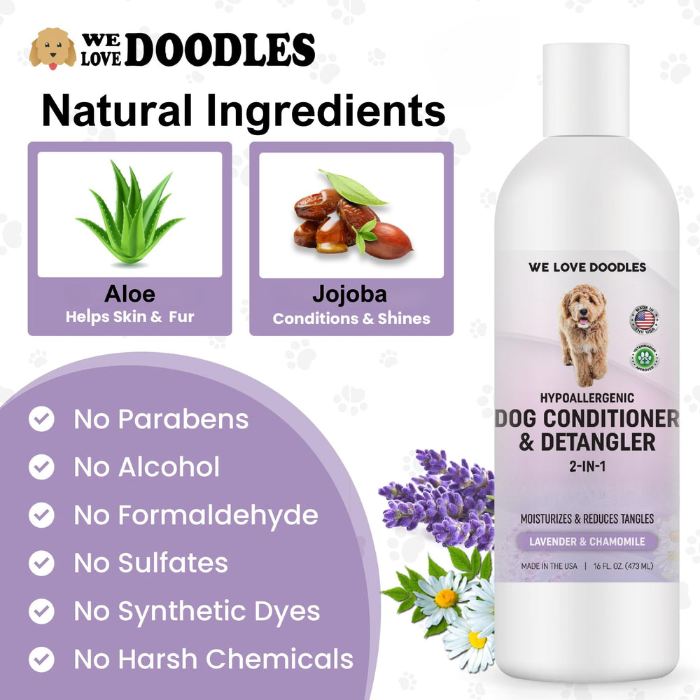 We Love Doodles lavender chamomile scene suggesting a calm, pleasant grooming experience.