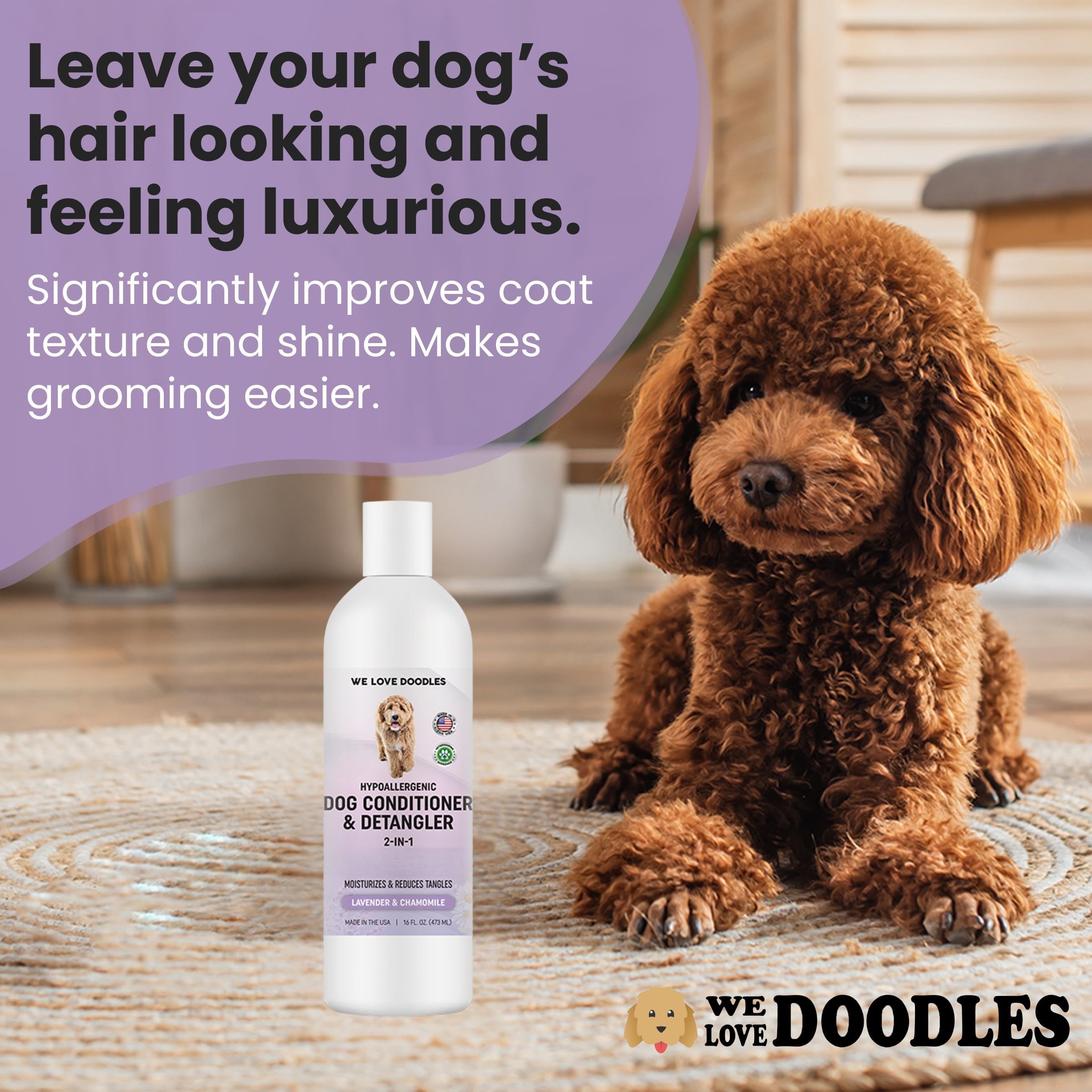 We Love Doodles bottle label closeup lavender and chamomile scent for a calming grooming ritual.