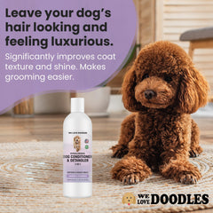 We Love Doodles bottle label closeup lavender and chamomile scent for a calming grooming ritual.