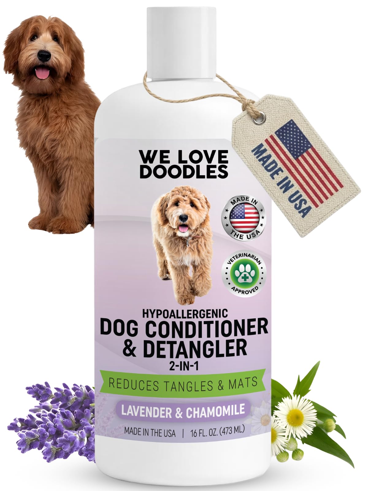 We Love Doodles lavender-chamomile bottle close-up highlighting calming scent and gentle care.