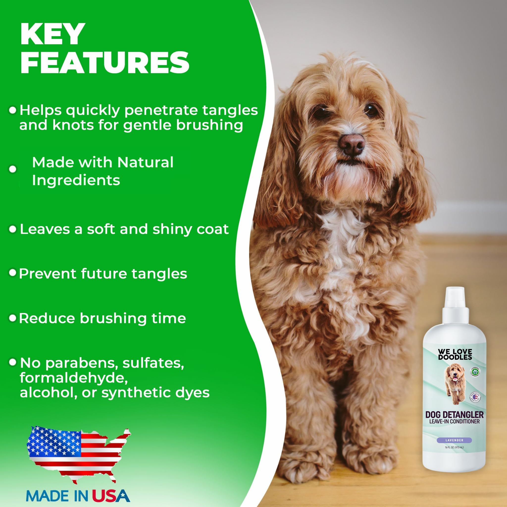 We Love Doodles coat conditioning spray for smoother fur after grooming.