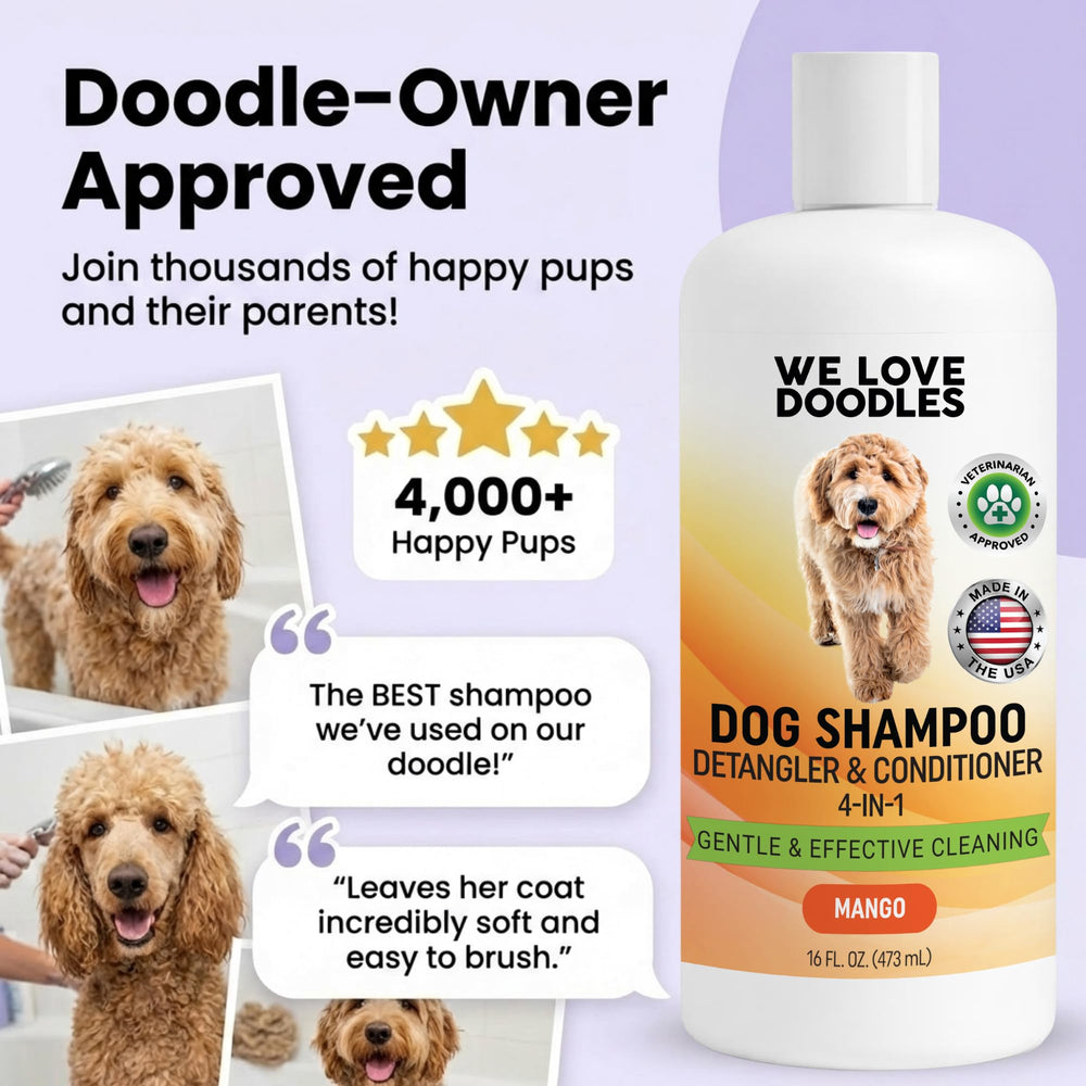 We Love Doodles coat softness image, promotes smooth, manageable fur after bath
