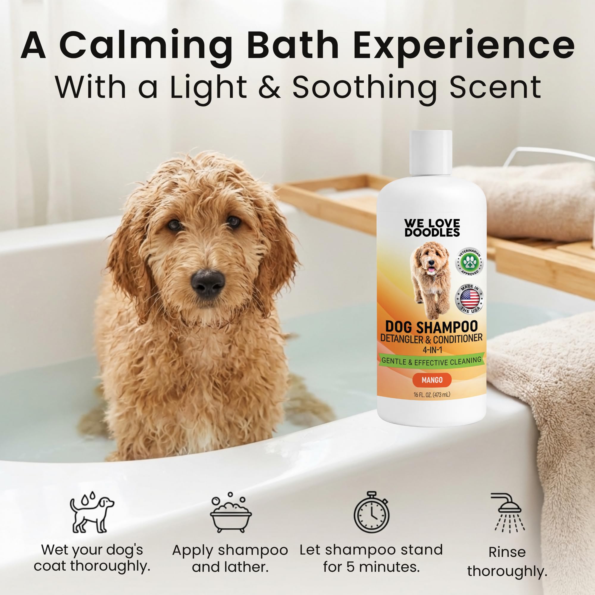 We Love Doodles mango conditioner detangler bottle, nourishes with jojoba and aloe
