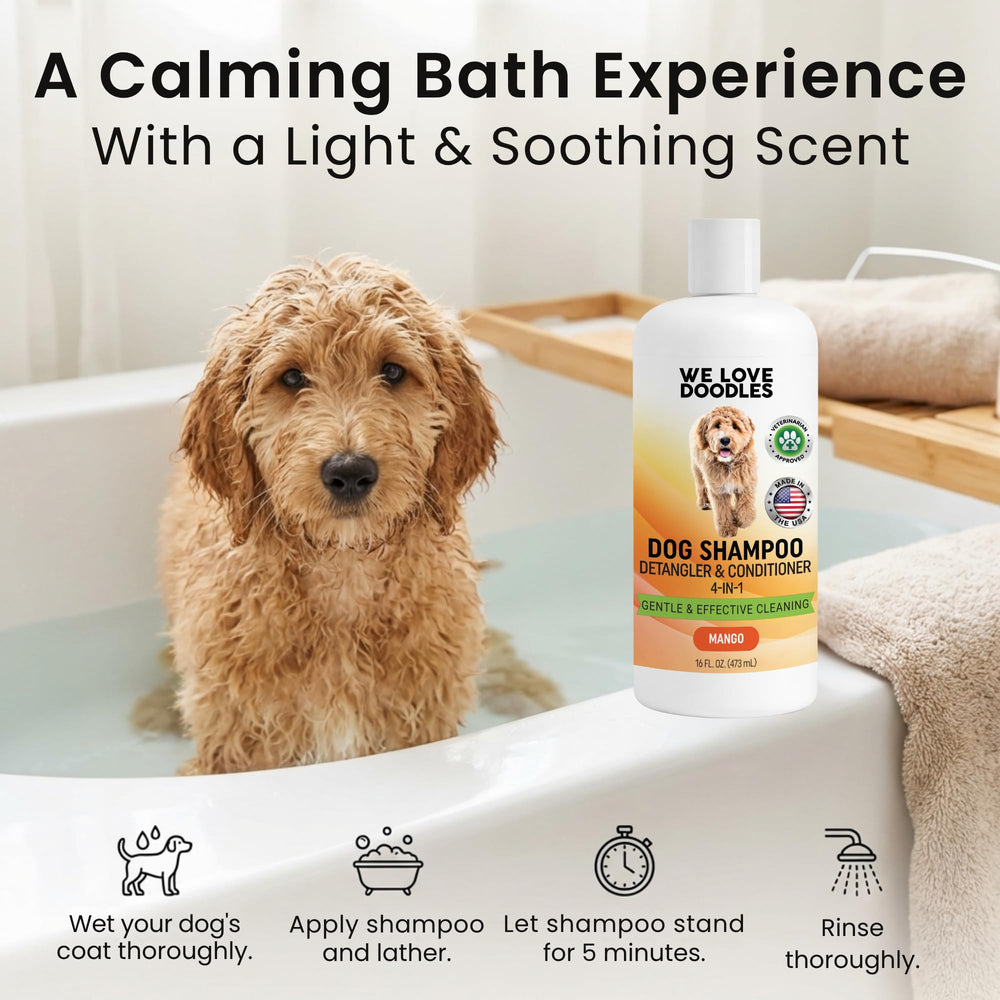 We Love Doodles mango conditioner detangler bottle, nourishes with jojoba and aloe