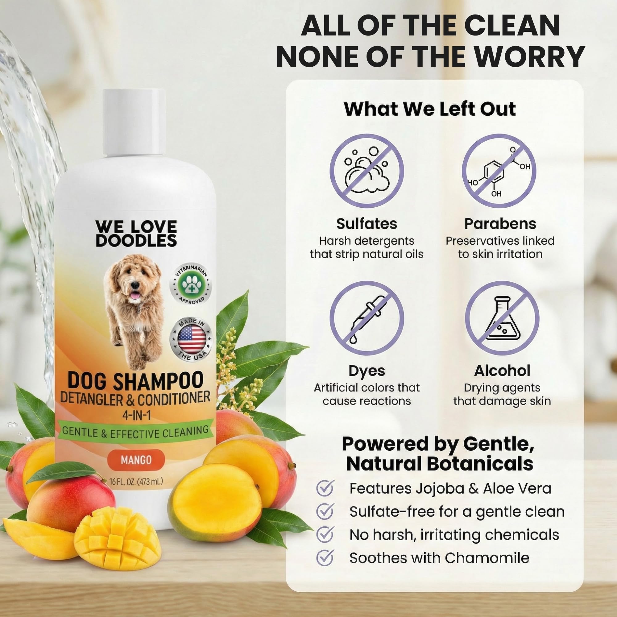 We Love Doodles mango conditioner detangler dispense, helps loosen knots for quick grooming