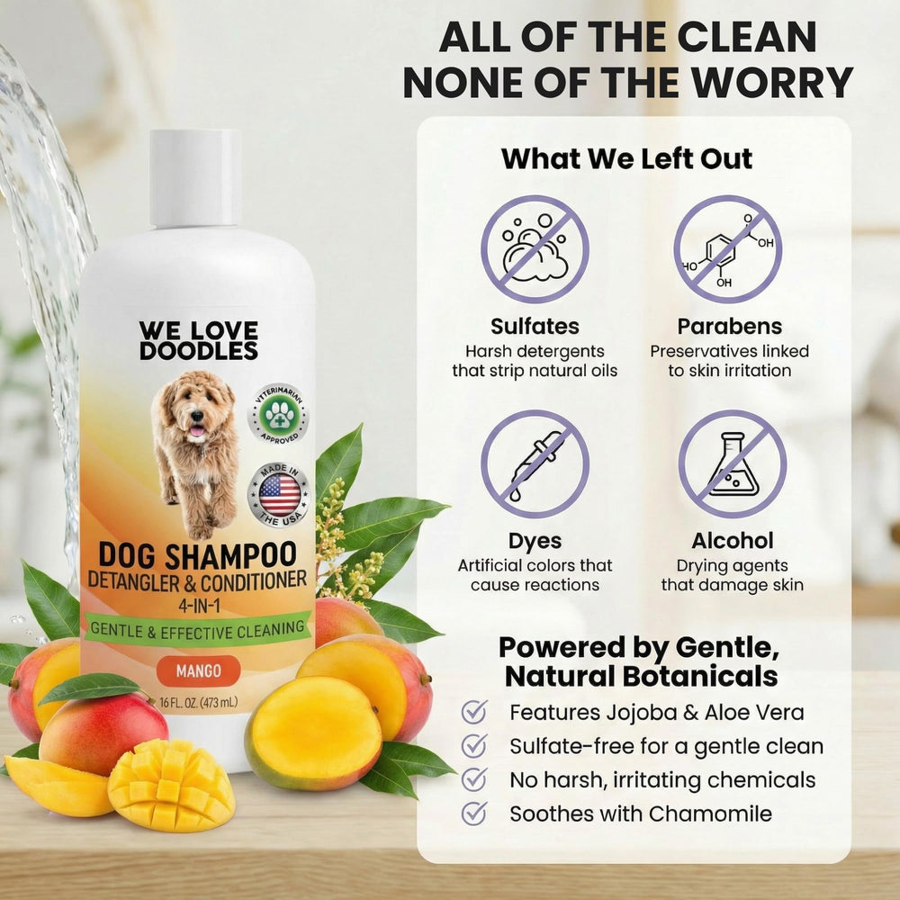 We Love Doodles mango conditioner detangler dispense, helps loosen knots for quick grooming