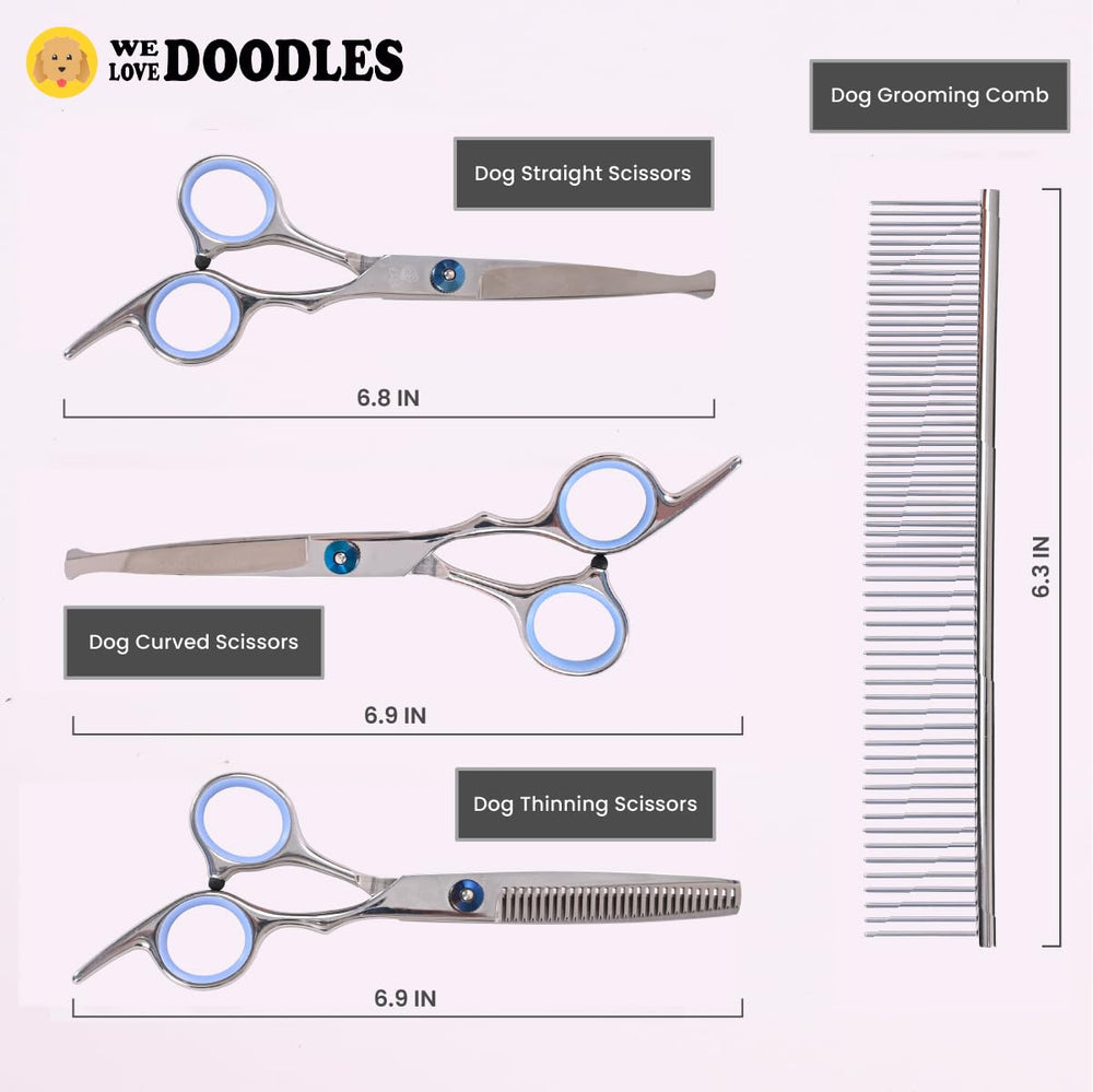 We Love Doodles curved dog grooming scissor blade for smooth curved cuts.