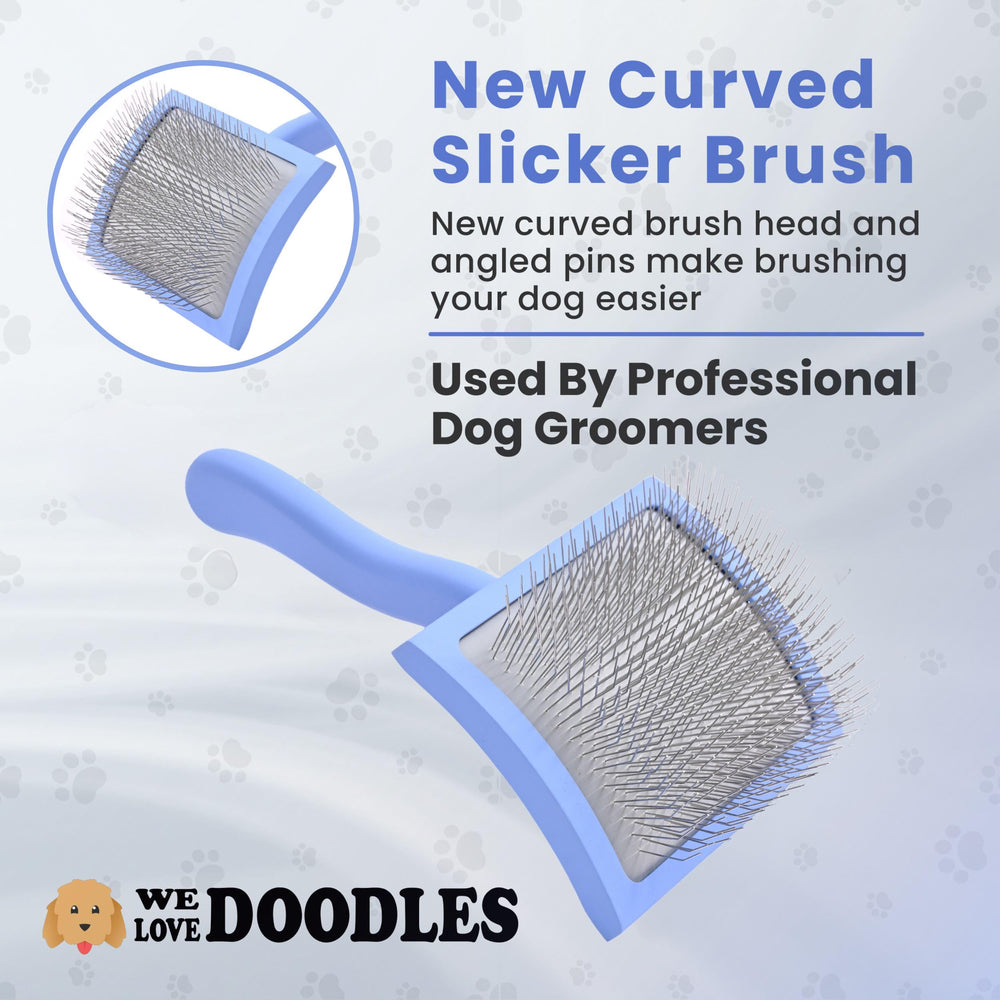 We Love Doodles pins bent at 45 degrees protect doodle’s skin during brushing.