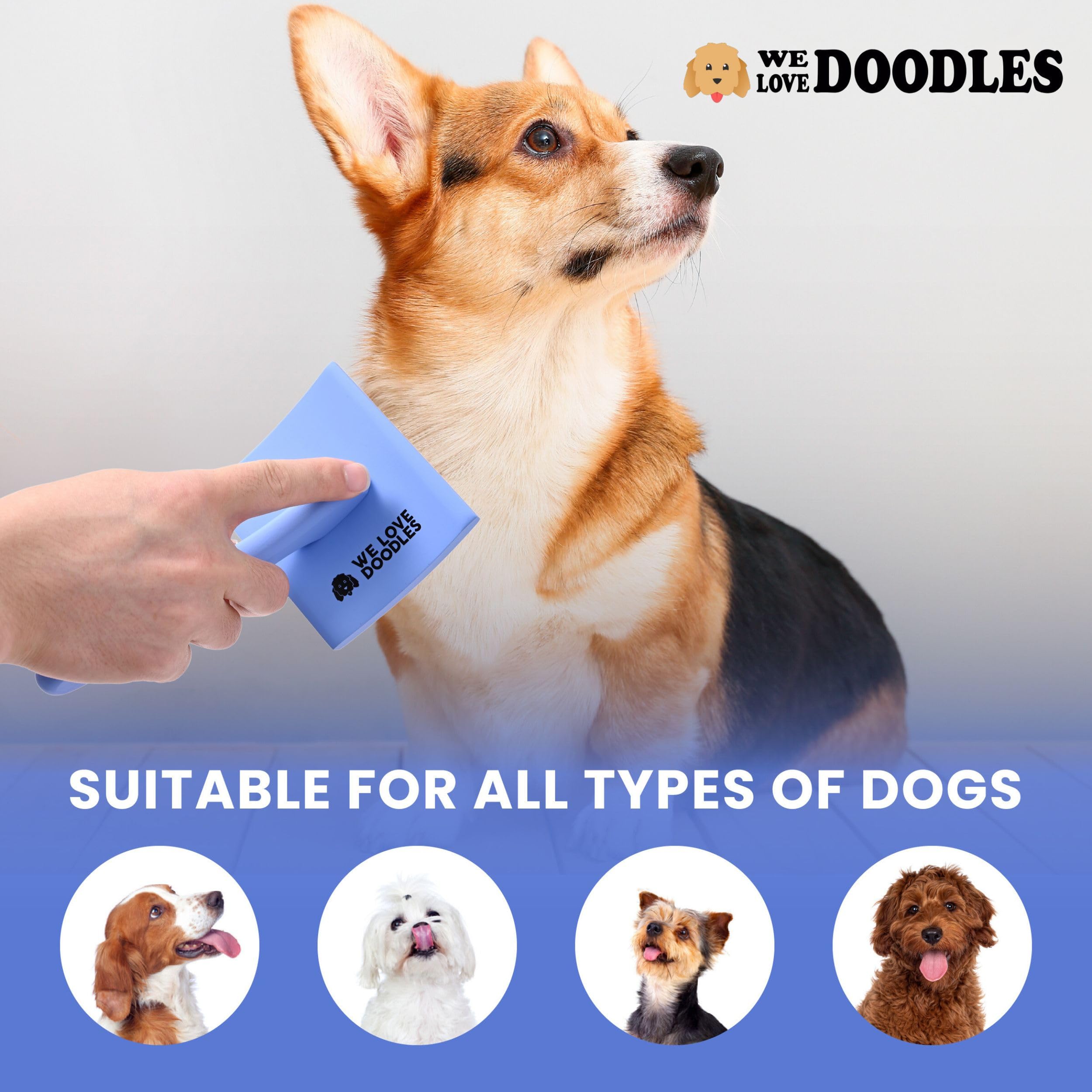 We Love Doodles curved slicker brush with easy-clean design for quick maintenance.