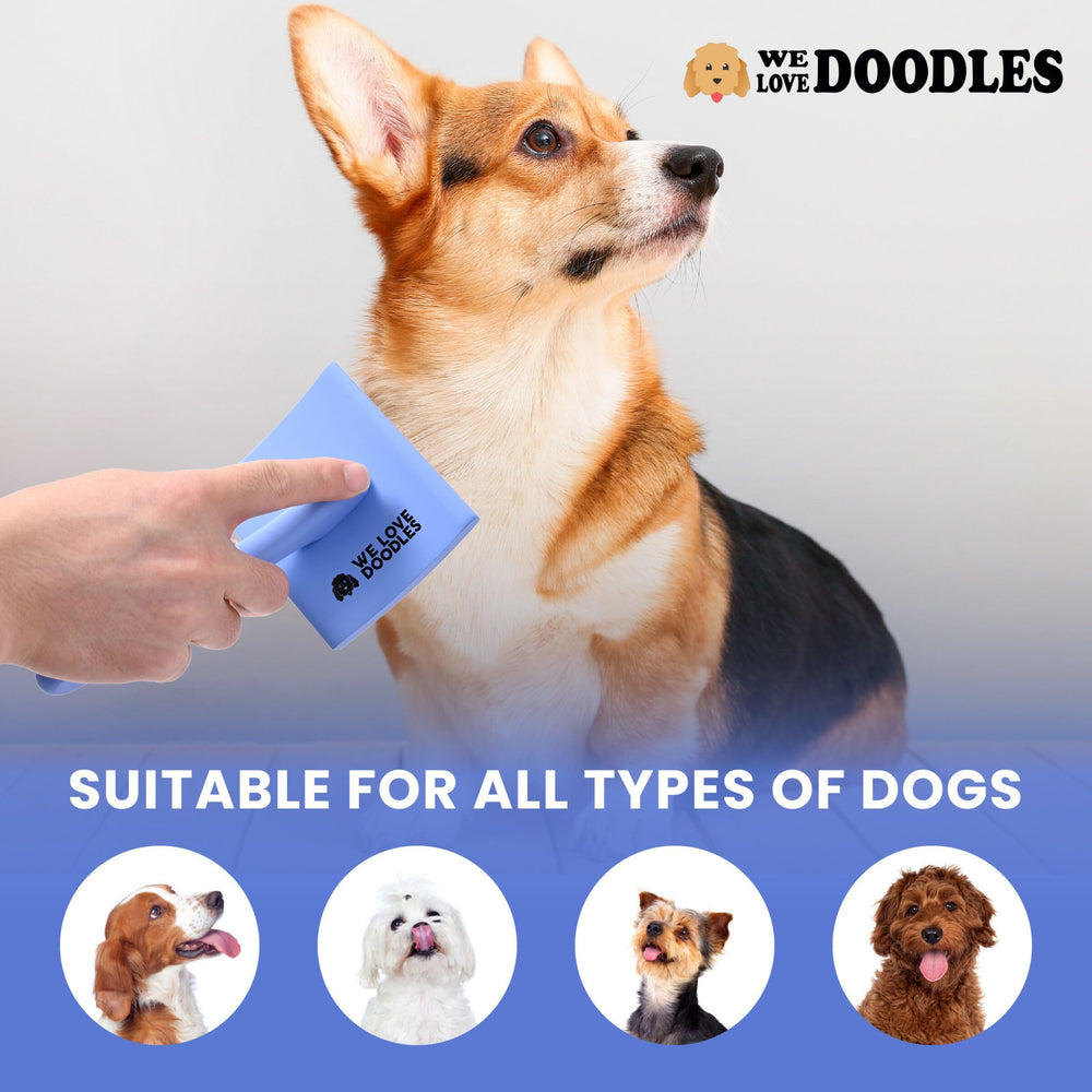 We Love Doodles curved slicker brush with easy-clean design for quick maintenance.