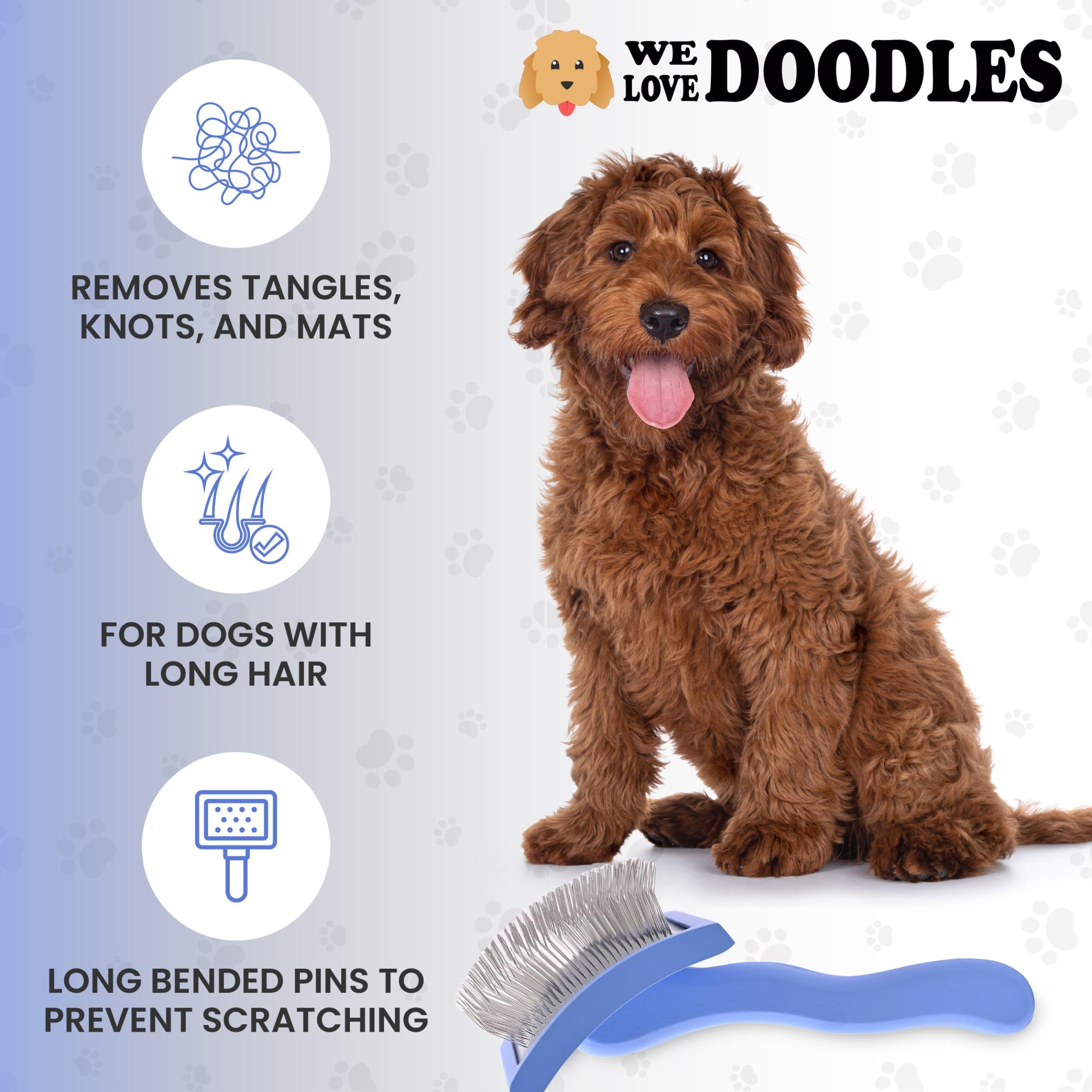 We Love Doodles curved slicker brush ideal for Goldendoodles and Poodles grooming.