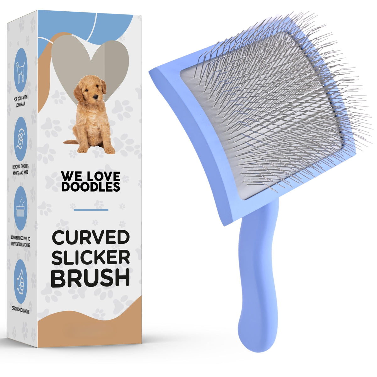 We Love Doodles curved slicker brush on long-haired dogs for detangling and smoothing fur.