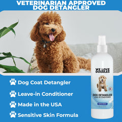 We Love Doodles dematting spray with a brush demonstrating easy glide through fur