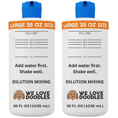 We Love Doodles dilution bottle label reading for precise ratios during grooming