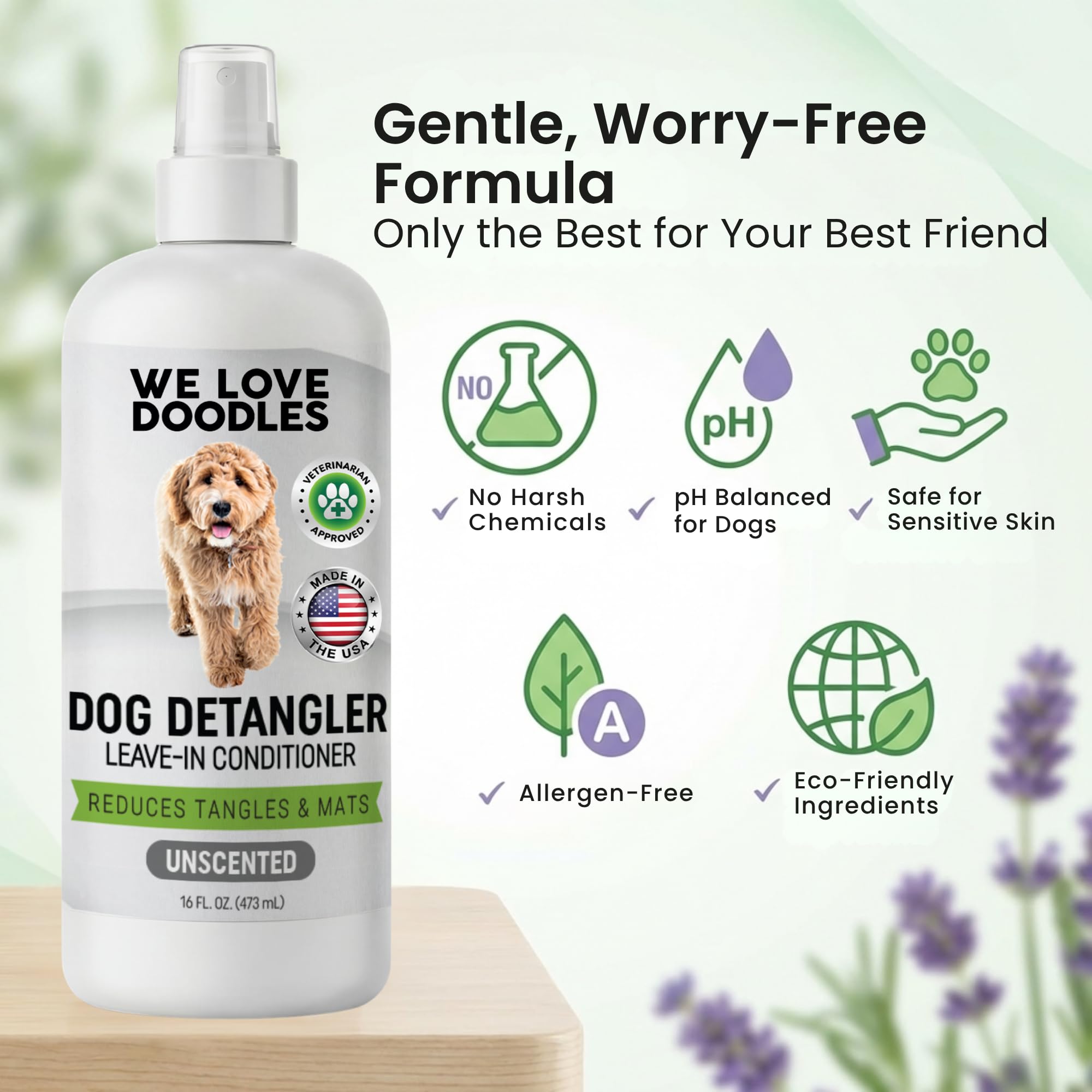 We Love Doodles detangler spray in hands for quick detangling application