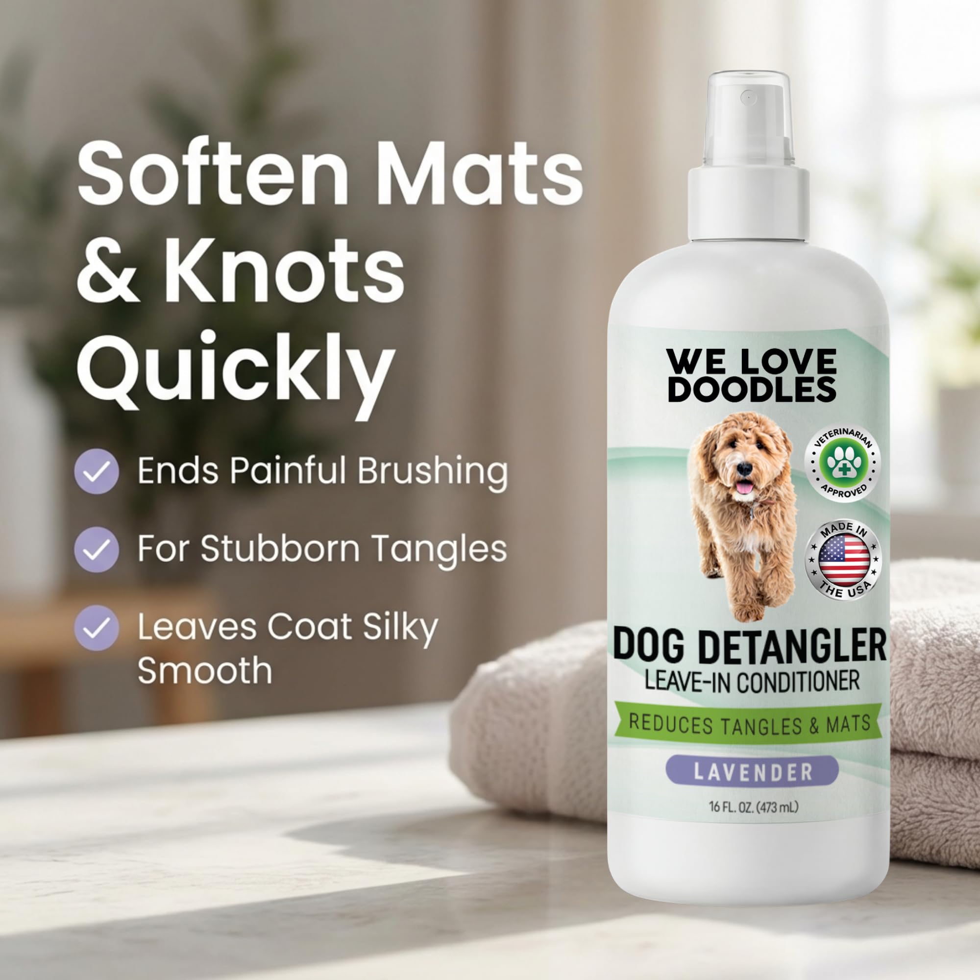 We Love Doodles detangler spray apply to coat for quick detangling.