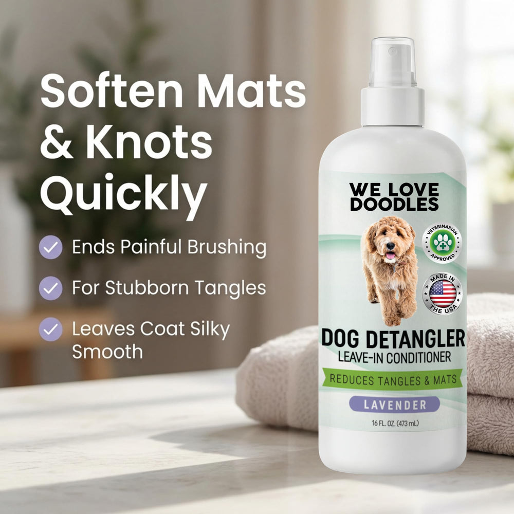 We Love Doodles detangler spray apply to coat for quick detangling.